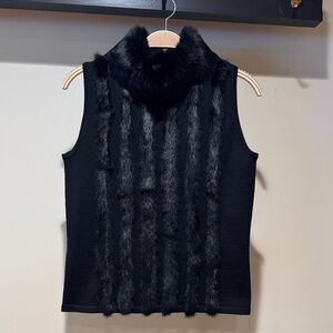 Luxurious Black Fur-Trimmed Sleeveless Blouse